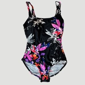 Beach Belle Black Floral One-Piece Swimsuit tank style pink purple size 12 NEW